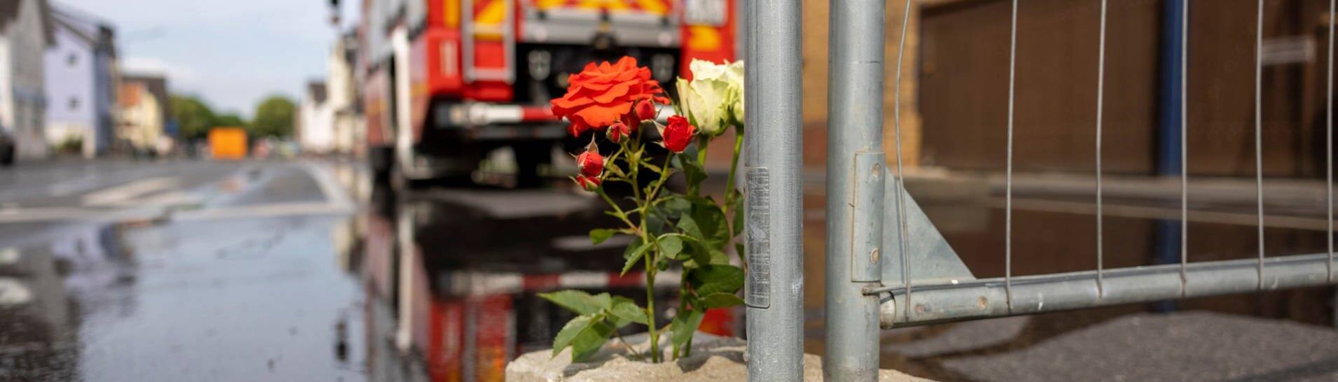 Blumen stehen an dem Absperrgitter in der Straße in Sankt Augustin, wo ein Motorradgeschäft brannte. (Foto: dpa Bildfunk, picture alliance/dpa | Thomas Banneyer)