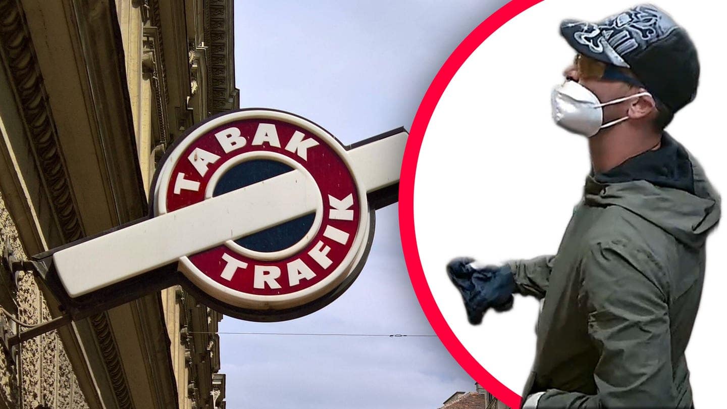 Collage eines Schilds an einer Tabak-Trafik und des maskierten Räubers in einer Grazer Trafik (Foto: IMAGO, imago images/Manfred Segerer / Landespolizeidirektion Steiermark)