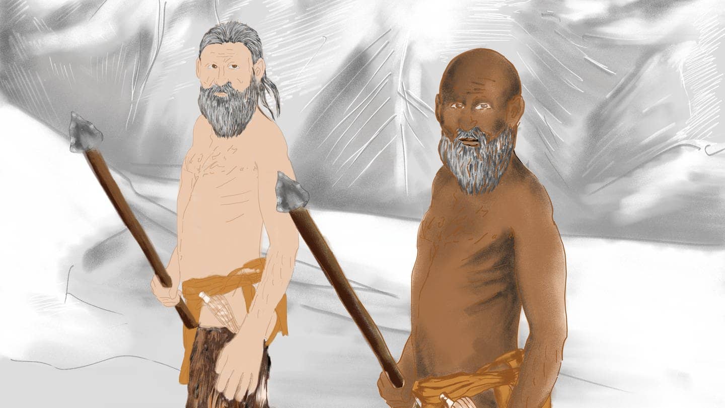 Eine Zeichnung zeigt links einen hellhäutigen bärtigen Mann mit langem Haar, rechts einen dunkelhäutigen bärtigen Mann mit Glatze (Foto: Max Planck Institute for Evolutionary Anthropology)
