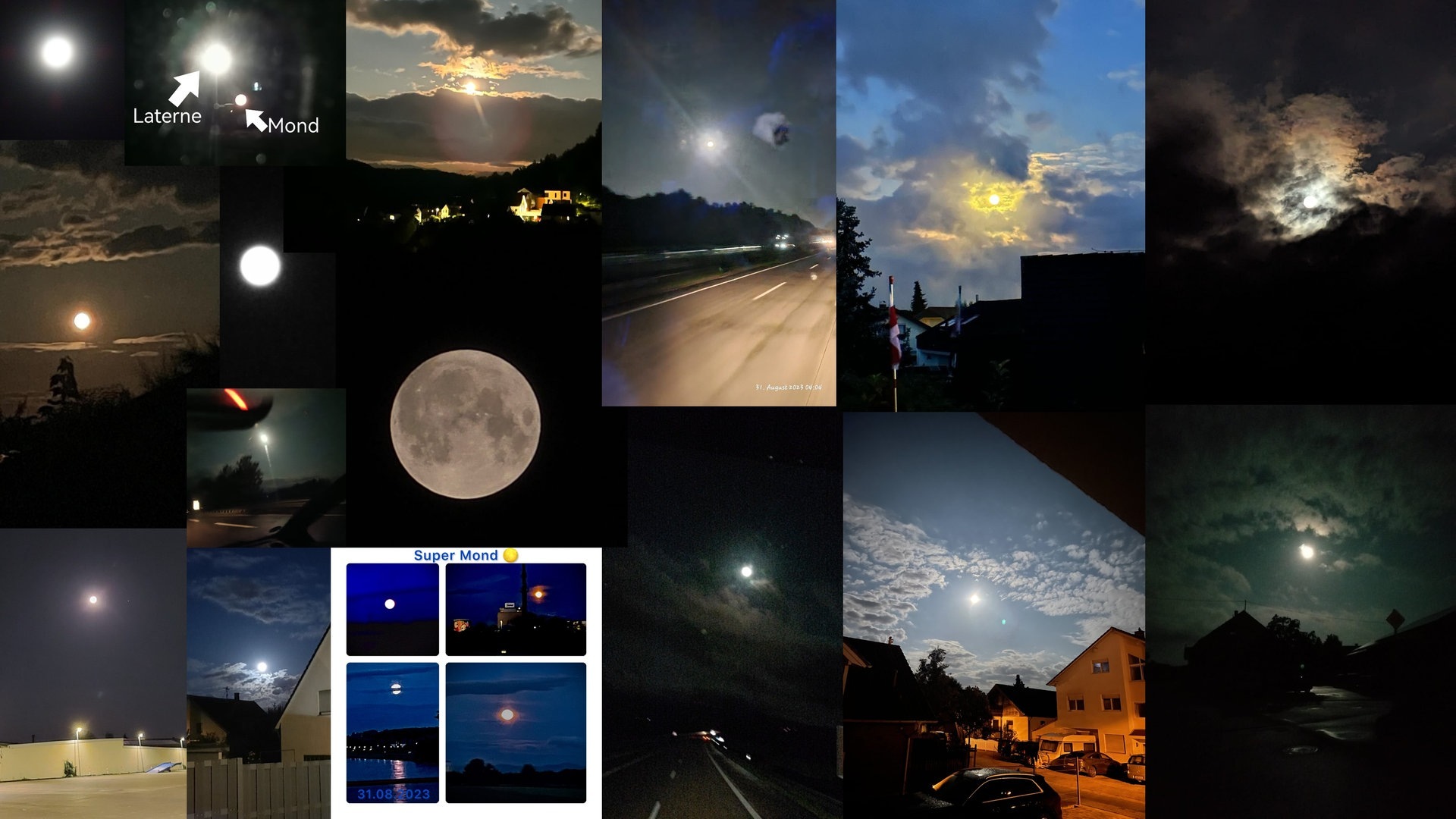 Foto: private Einsendungen Collage aus Bildern des blauen Supermonds, die SWR3-Hörerinnen und -Hörer eingesendet haben (Foto: private Einsendungen)
