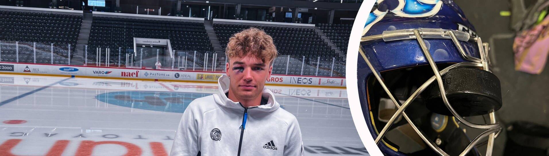 Der Eishockey-Torwart des tschechischen Vereins Bílí Tygri Liberec mit seiner Verletzung am Auge. Bei einem Spiel traf ihn ein Puck am Auge.  (Foto: Screenshot Twitter/ Bílí Tygri Liberec)