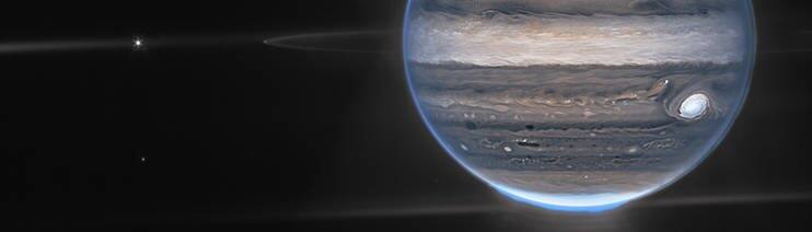 Polarlichter, Ringe und Roter Fleck am Jupiter – aufgenommen vom James-Webb-Teleskop (Foto: NASA, ESA, CSA, Jupiter ERS Team; image processing by Judy Schmidt)