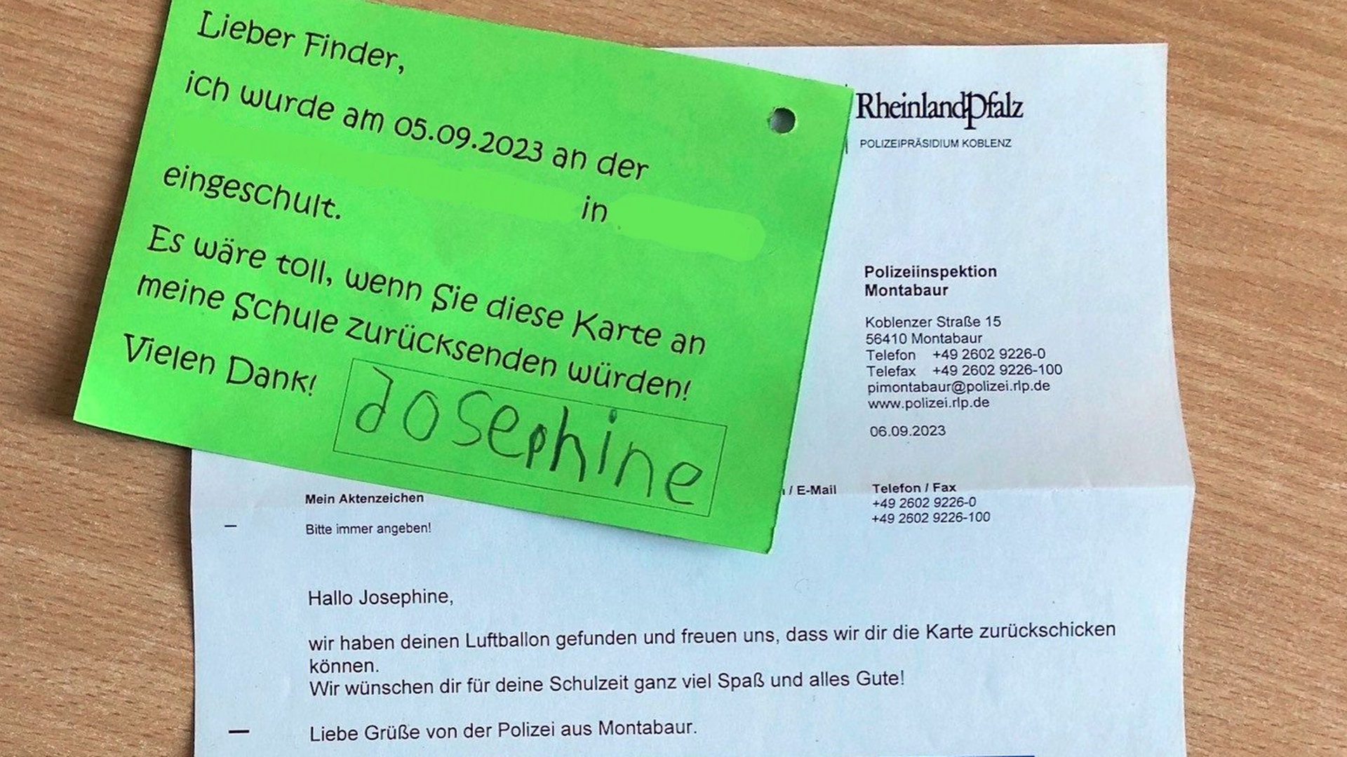 Foto: Polizeipräsidium Koblenz Antwortschreiben der Polizei auf Balonkarte bei einer Einschulung (Foto: Polizeipräsidium Koblenz)