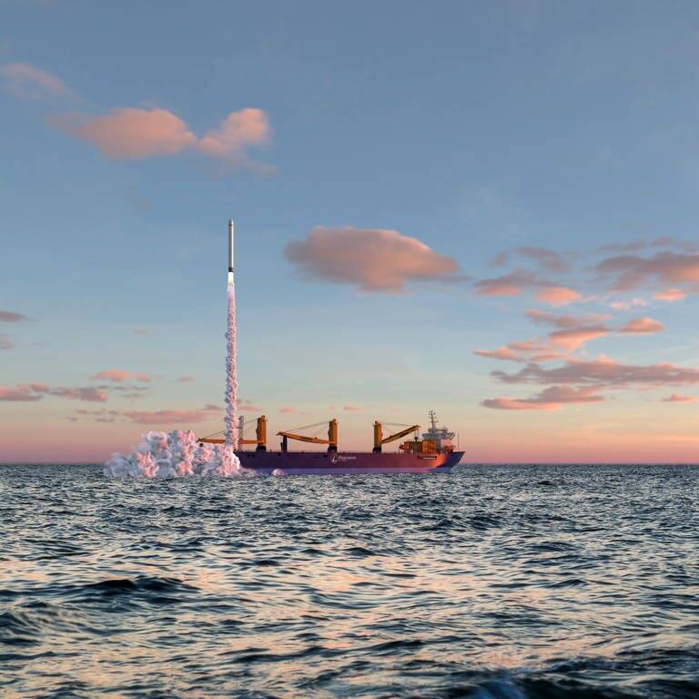 Illustration: Eine Rakete startet von einer schwimmenden Plattform der German Offshore Spaceport Alliance (GOSA) in der Nordsee. (Foto: dpa Bildfunk, picture alliance/dpa/Harren&Partner Group | ---)
