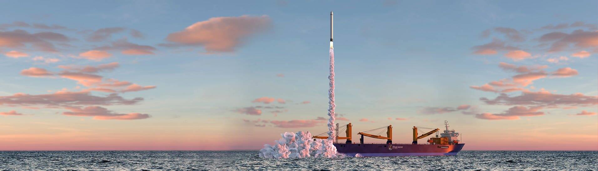 Illustration: Eine Rakete startet von einer schwimmenden Plattform der German Offshore Spaceport Alliance (GOSA) in der Nordsee. (Foto: dpa Bildfunk, picture alliance/dpa/Harren&Partner Group | ---)