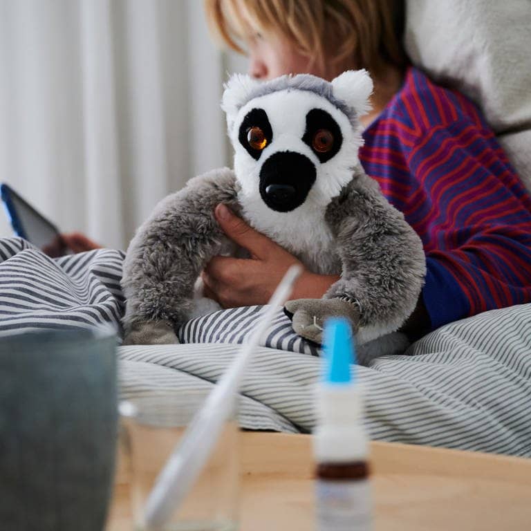 Ein Fieberthermometer, Nasenspray und eine Tasse Tee stehen vor einem Bett, in dem ein krankes Kind mit einem Kuscheltier sitzt und auf ein Tablet schaut.  (Foto: dpa Bildfunk, picture alliance/dpa | Annette Riedl)