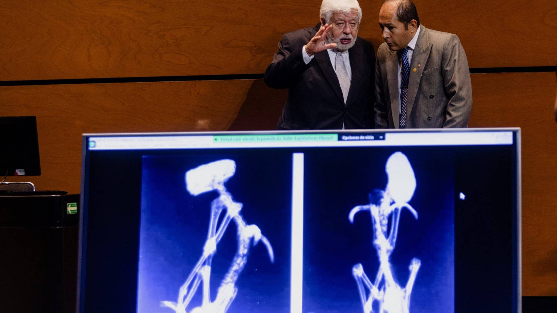 Journalist Jaime Maussan (links) im Gespräch mit einem Abgeordneten im mexikanischen Parkament. Davor zwei der angeblichen Röntgenfotos toter Aliens. (Foto: Reuters)