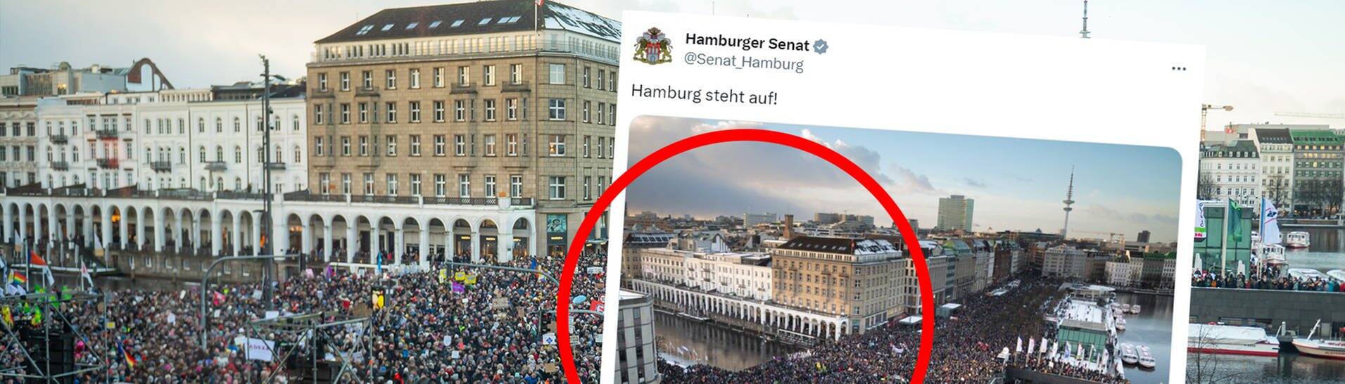 Aufnahmen der Demonstration gegen Rechtsextremismus in Hamburg am 19. Januar 2024.  (Foto: SWR, Collage von SWR3 / picture alliance/dpa | Jonas Walzberg / Hamburger Senat)