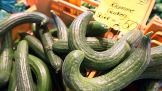Krumme Salatgurken mit einem Preisschild ("Krumme Gurken Stück -,50")
