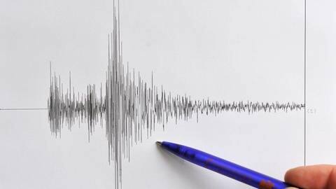 Das Seismogramm eines Erdbebens ist zu sehen, mit einem Kugelschreiber wird darauf gezeigt.