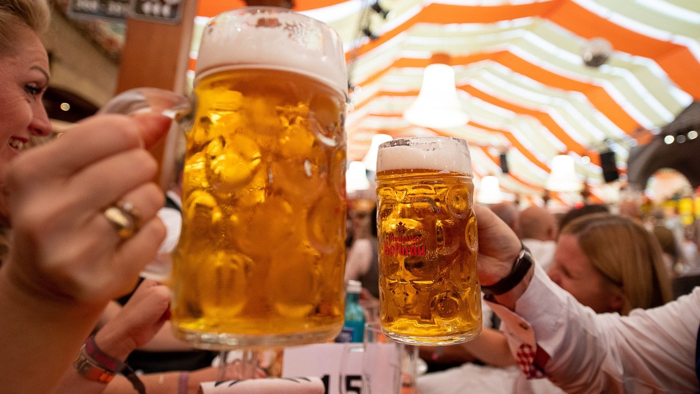 Menschen prosten sich zu mit einer Maß Bier auf dem Cannstatter Wasen 2019 (Foto: dpa Bildfunk, picture alliance/dpa | Sebastian Gollnow)