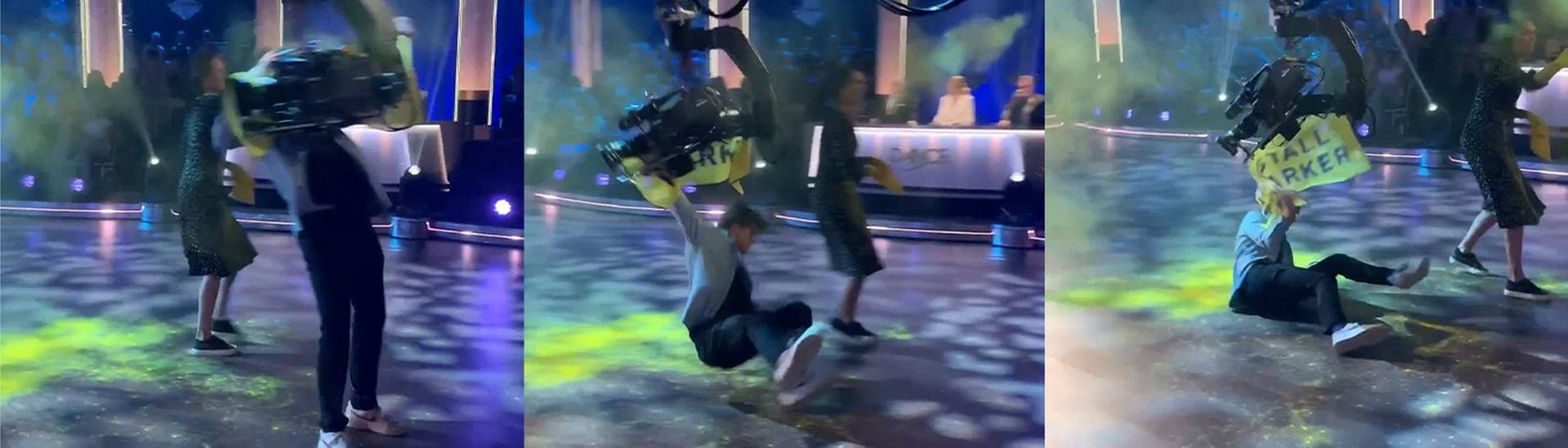 Bei einer Show von Let's Dance in Schweden wird ein junger Mann auf der Bühne von einem Kamerakran umgehauen (Foto: Instagram Återställ Våtmarker)