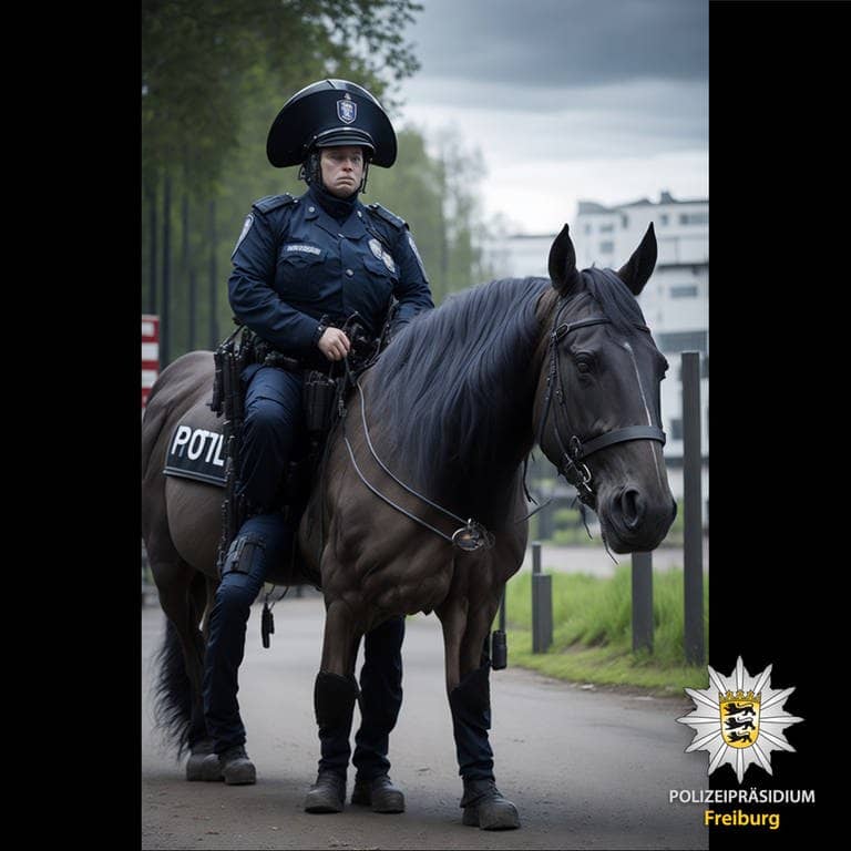 Ein KI-generiertes Bild einer Polizistin auf einem Pferd mit zu kurzen, dafür aber fünf Beinen (Foto: Polizei Freiburg via Facebook)