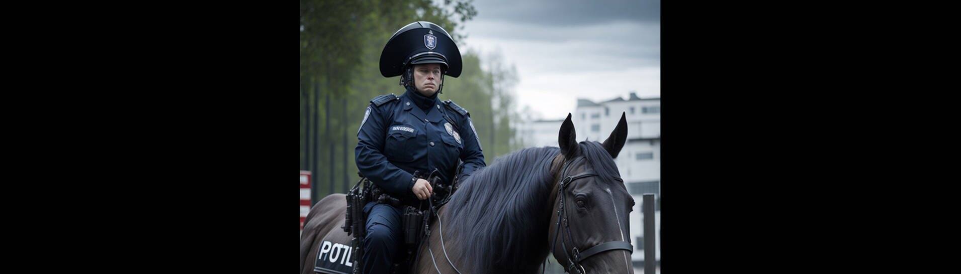 Ein KI-generiertes Bild einer Polizistin auf einem Pferd mit zu kurzen, dafür aber fünf Beinen