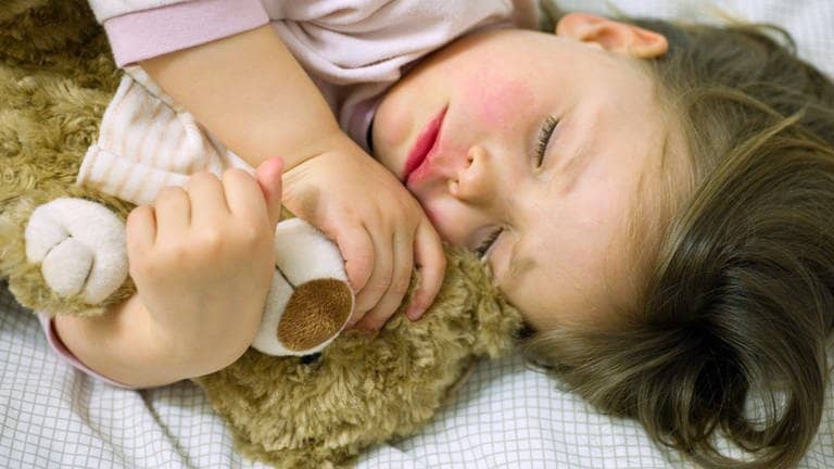 Notaufnahme soll Gebühren kosten? Ein kleines Mädchen mit roten Wangen schläft mit ihrem Teddy im Arm. (Foto: dpa Bildfunk, picture alliance / dpa | Patrick Pleul)
