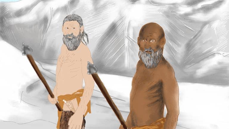 Eine Zeichnung zeigt links einen hellhäutigen bärtigen Mann mit langem Haar, rechts einen dunkelhäutigen bärtigen Mann mit Glatze