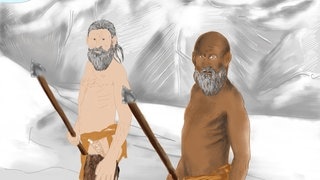 Eine Zeichnung zeigt links einen hellhäutigen bärtigen Mann mit langem Haar, rechts einen dunkelhäutigen bärtigen Mann mit Glatze