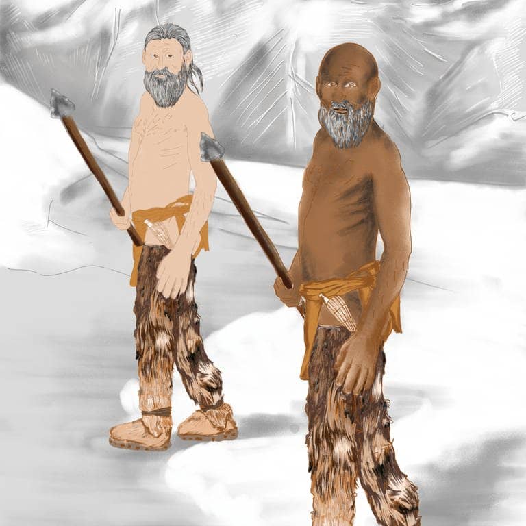 Eine Zeichnung zeigt links einen hellhäutigen bärtigen Mann mit langem Haar, rechts einen dunkelhäutigen bärtigen Mann mit Glatze (Foto: Max Planck Institute for Evolutionary Anthropology)