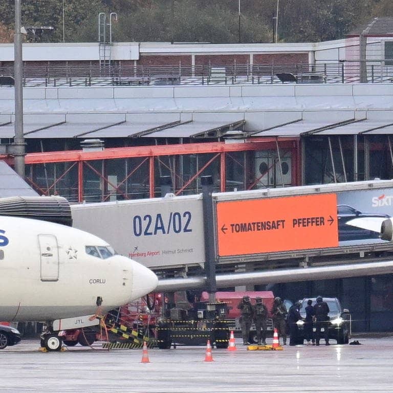 Polizisten sichern den Bereich um ein Flugzeug am Hamburger Flughafen ab