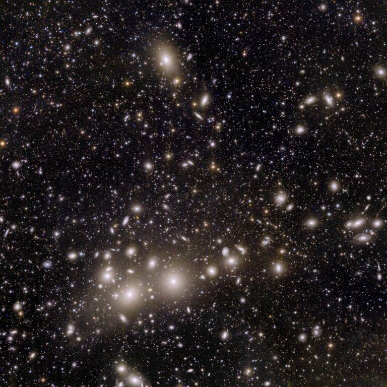 Jetzt geht's richtig weit raus: Im Vordergrund sieht man Galaxien (die hell leuchtenden Punkte) aus dem sogenannten „Perseus-Cluster“, einem Galaxienhaufen in mehr als 200 Millionen Lichtjahren Entfernung. Eigentlich ein Katzensprung: Im Hintergrund befinden sich mehr als 100.000 weitere Galaxien, die bis zu zehn Milliarden Lichtjahre (!) entfernt sind und bislang noch nie beobachtet wurden. Die ESA sagt: Das ist erst der Anfang. Mehr als eine Million Bilder wie dieses soll „Euclid" in den kommenden sechs Jahren aufnehmen. 
