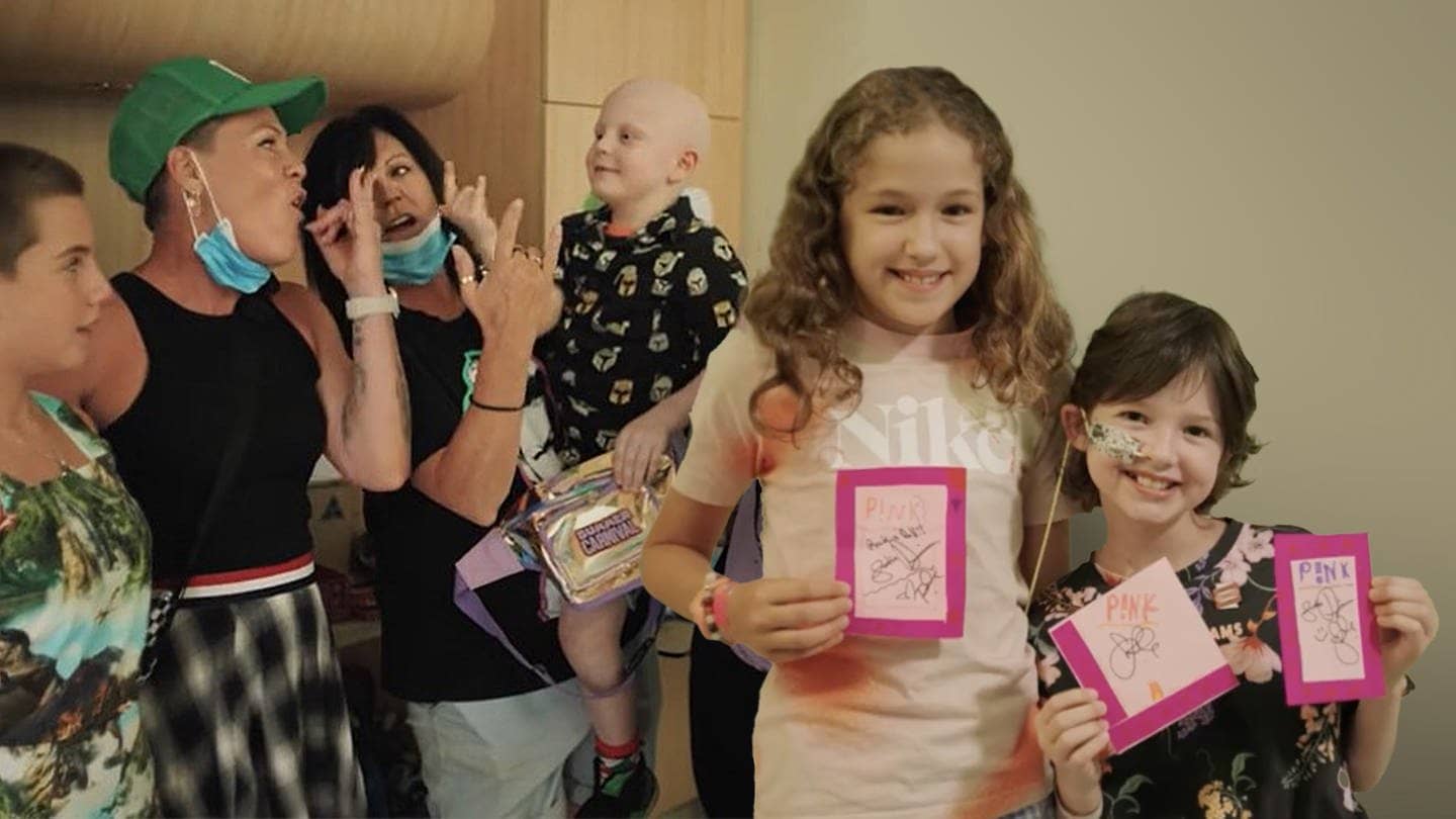 Pink bei einem Besuch in einem Krankenhaus in Melbourne. Sie hat dort kranke Kinder getroffen. (Foto: Screenshot Instagram  | @pink, Bildmontage SWR3)