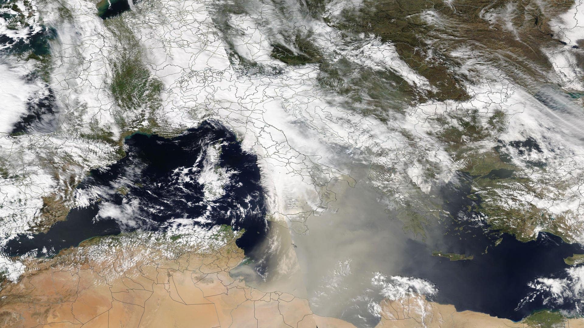 Eine Satellitenansicht vom 27. März 2024, die zeigt, wie Saharastaub über das Mittelmeer Richtung Europa geweht wird. (Foto: Nasa World-View)