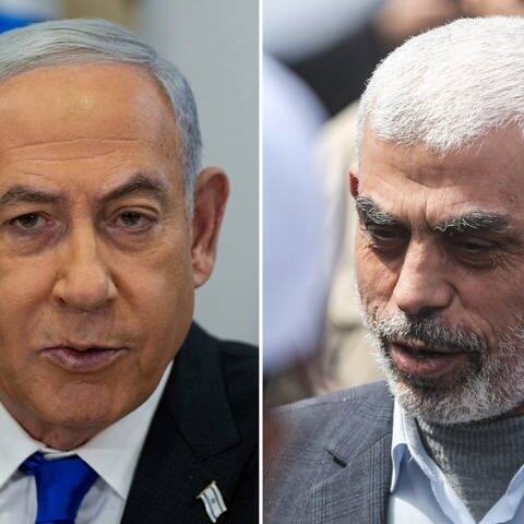 Die Bildkombo zeigt Benjamin Netanjahu, Ministerpräsident von Israel (l, Archivfoto vom 24.12.2023) und den Anführer der Terrororganisation Hamas im Gazastreifen, Jihia al-Sinwar.