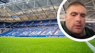 Die Veltins Arena mit blauen Sitzen. Dazu eingefügt ein Screenshot des viralen Videos eines EM-Fans, der dort übernachtet haben soll.