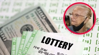 Fotocollage mit Screenshot: Ältere Frau mit US-Lottoschein und Dollar-Noten