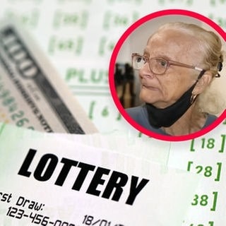 Fotocollage mit Screenshot: Ältere Frau mit US-Lottoschein und Dollar-Noten