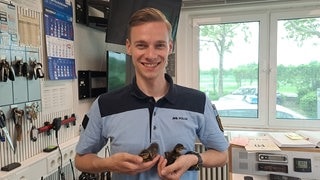 Ein Beamter des Polizeipräsidiums Mannheim hält kleine Entenküken auf seinem Arm
