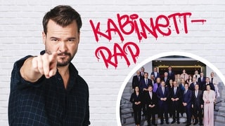 Die Minister und Ministerinnen des neue Kabinetts von Friedrich Merz. SWR3 Moderator Basti Müller ist ebenfalls auf dem Bild zu sehen, er hat einen Rap zum neuen Kabinett geschrieben  