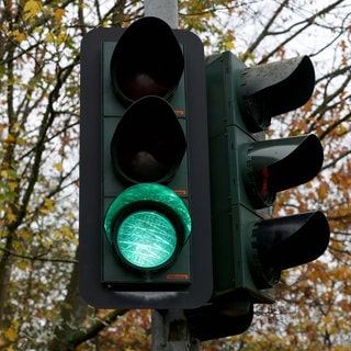 Eine grüne Ampel vor Bäumen.