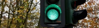 Eine grüne Ampel vor Bäumen.
