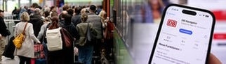 Symbolbild DB Navigator App und Menschen an einem Bahnhof.