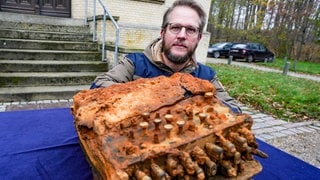 Huber kniet vor dem archäologischen Landesamt Schleswig-Holstein bei der Übergabe der Enigma-Chiffriermaschine. (Foto: dpa Bildfunk, picture alliance/dpa | Axel Heimken) Huber kniet vor dem archäologischen Landesamt Schleswig-Holstein bei der Übergabe der Enigma-Chiffriermaschine.