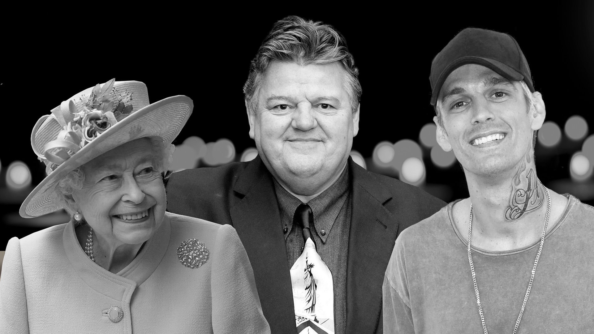 Queen Elizabeth II., Robbie Coltrane und Aaron Carter sind in diesem Jahr gestorben und sind auf grauem Hintergrund nebeneinander zu sehen (Foto: picture-alliance / Reportdienste, picture alliance / abaca | Collin Xavier/Image Press Agency ABACA // picture alliance / empics | Andrew Parsons // picture alliance / empics | Andrew Matthews)