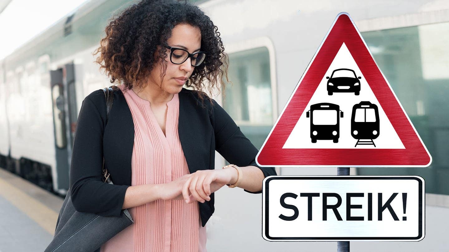 Frau steht am Bahnsteig und sieht nervös auf ihre Uhr. Rechts neben ihr ein Schild mit der Aufschrift „Streik“ und Symbolen für Bus, Bahn und Auto. (Foto: Adobe Stock)