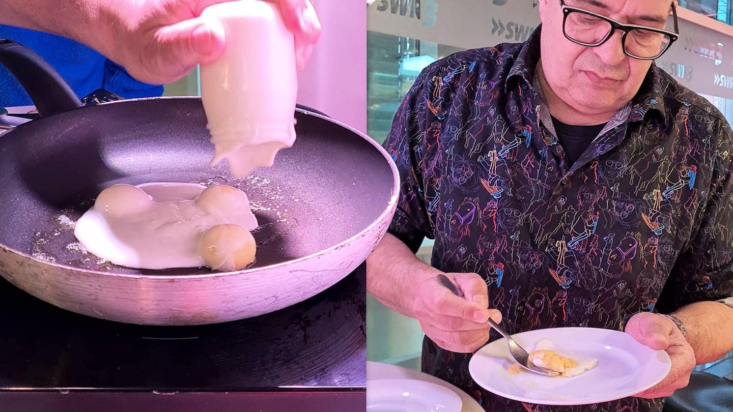 In einer Pfanne wird veganer Ei-Ersatz gebraten und auf einem Teller getestet. (Foto: SWR3)
