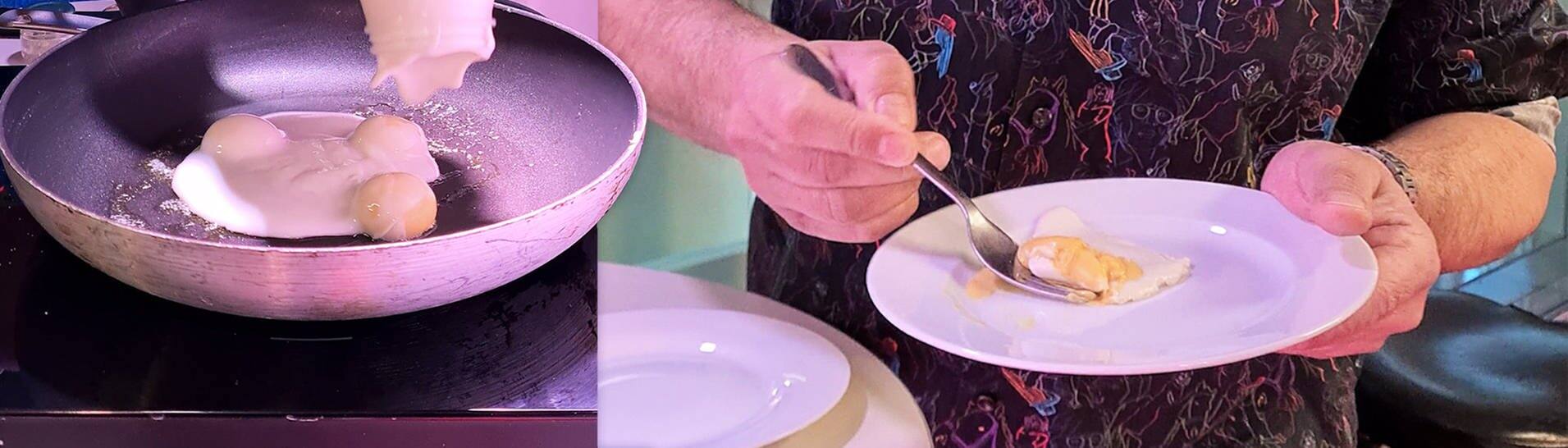 In einer Pfanne wird veganer Ei-Ersatz gebraten und auf einem Teller getestet. (Foto: SWR3)