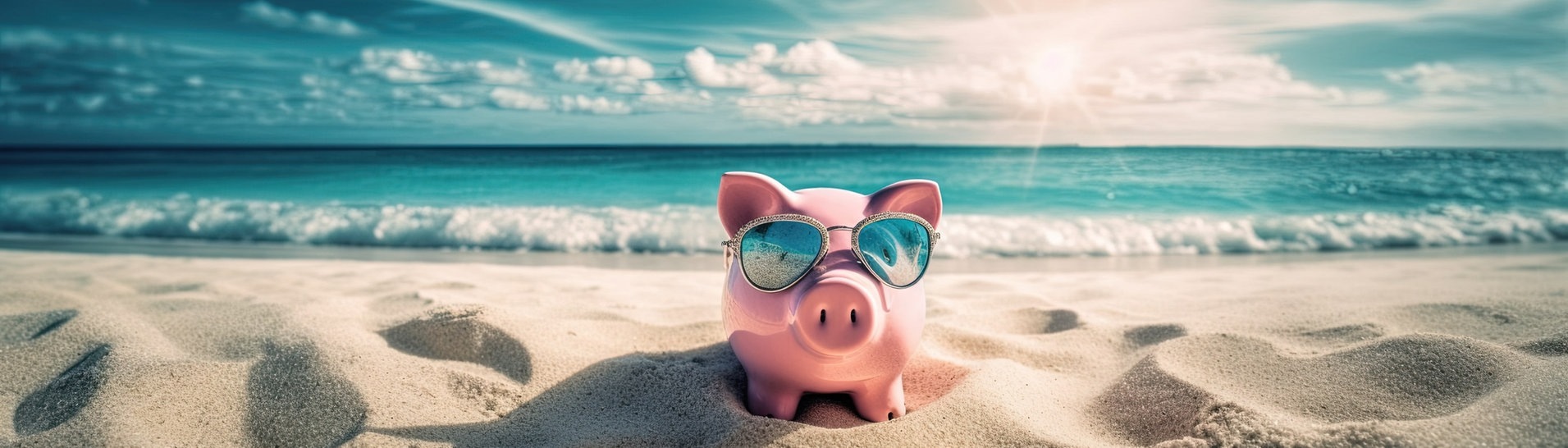 Ein Sparschwein mit Sonnenbrille am Strand (Foto: Adobe Stock, Adobe Stock | hazwan)