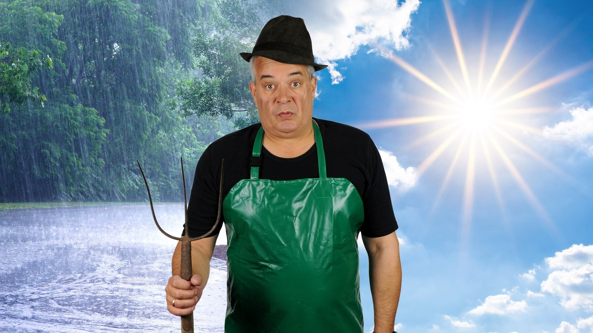 SWR3-Morningshow-Moderator Sascha Zeus verkleidet als Wetterbauer, im Hintergrund unterschiedliches Wetter passend zu den Bauernregeln (Foto: SWR3, SWR3, Adobe Stock/Günter Albers/nd700)