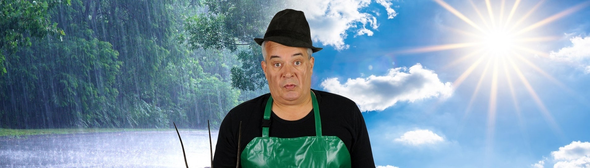 SWR3-Morningshow-Moderator Sascha Zeus verkleidet als Wetterbauer, im Hintergrund unterschiedliches Wetter passend zu den Bauernregeln (Foto: SWR3, SWR3, Adobe Stock/Günter Albers/nd700)