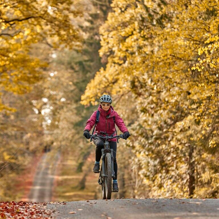 Eine Frau fährt mit dem E-Bike durch einen Wald im Herbst. (Foto: IMAGO, IMAGO / Zoonar)
