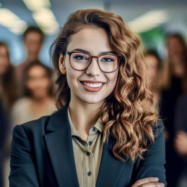 Junge Frau im Business-Outfit mit Bluse und Brille steht in einem Büro-Komplex, hinter ihr weitere Mitarbeiter. sie lächelt zufrieden. (Foto: Adobe Stock, Korea Saii)
