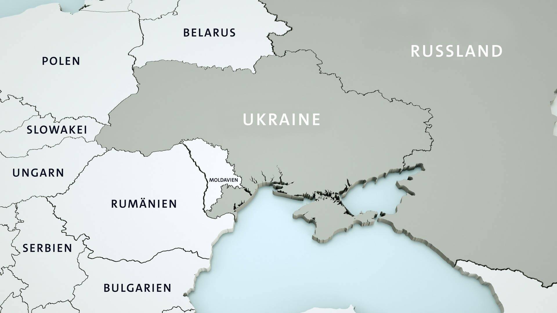 Übersichtskarte von Osteuropa mit der Ukraine im Zentrum und den Anrainerstaaten. Die Ukraine und Russland sind hervorgehoben. (Foto: Crevis/Shutterstock)
