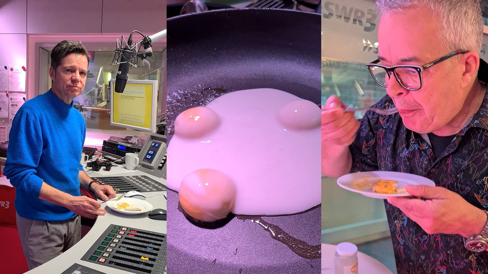 Michael Wirbitzky und Sascha Zeus testen veganen Eiersatz in der Morningshow. (Foto: SWR3)