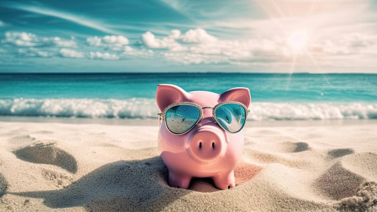 Ein Sparschwein mit Sonnenbrille am Strand (Foto: Adobe Stock, Adobe Stock | hazwan)