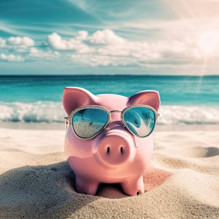 Ein Sparschwein mit Sonnenbrille am Strand