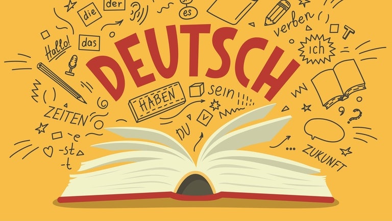 Aufgeschlagenes Deutsch-Buch mit Wörtern und Buchstaben außenherum. Im Buch geht es vielleicht um die Mehrzahl, den Plural von deutschen Wörtern. (Foto: Adobe Stock, N.Savranska)